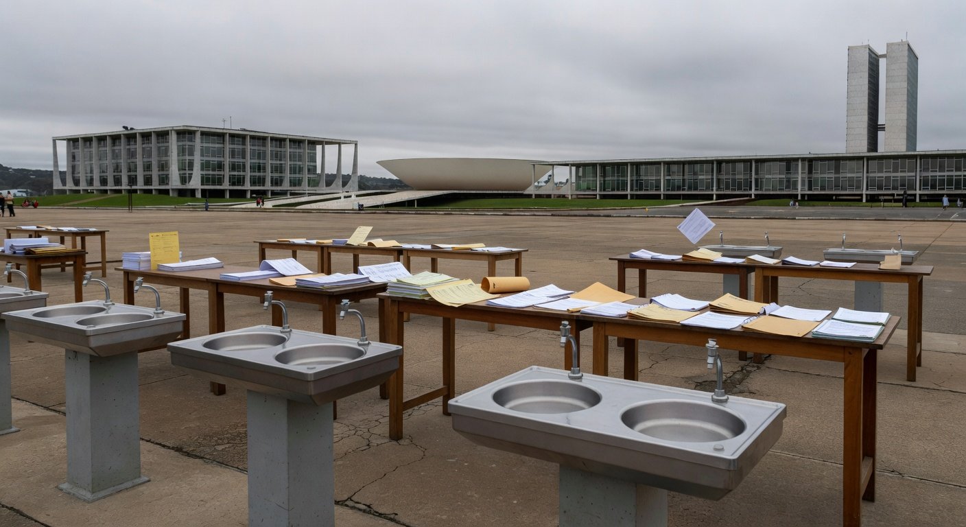 Evento em Brasília com bebedouros e documentos burocráticos, ilustrando novas obrigações aprovadas pela CLDF.
