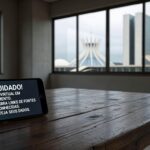 Smartphone com tela de golpe virtual em mesa de casa em Brasília, representando alerta sobre fraudes online para idosas.