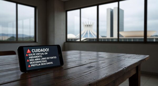 Smartphone com tela de golpe virtual em mesa de casa em Brasília, representando alerta sobre fraudes online para idosas.