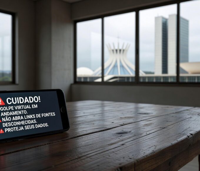 Smartphone com tela de golpe virtual em mesa de casa em Brasília, representando alerta sobre fraudes online para idosas.
