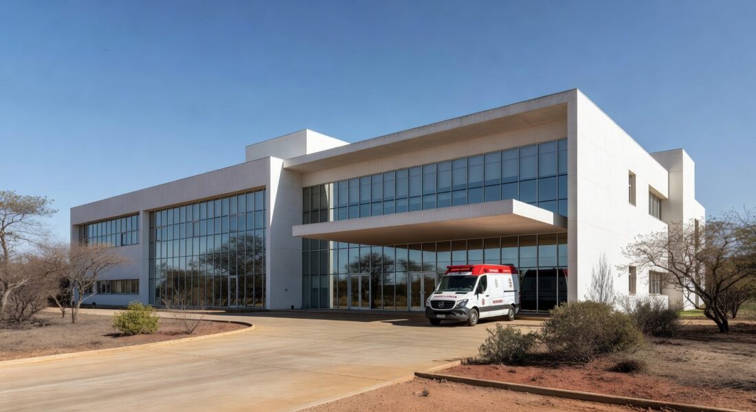 Fachada de hospital em Brasília com ambulância na entrada, representando internação por broncopneumonia bacteriana.