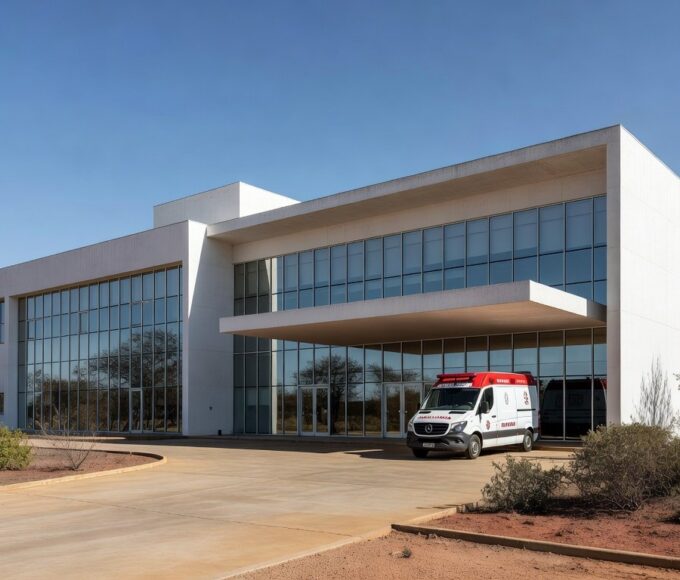 Fachada de hospital em Brasília com ambulância na entrada, representando internação por broncopneumonia bacteriana.