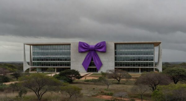 Edifício da CLDF em Brasília com laço roxo simbolizando combate à violência de gênero.