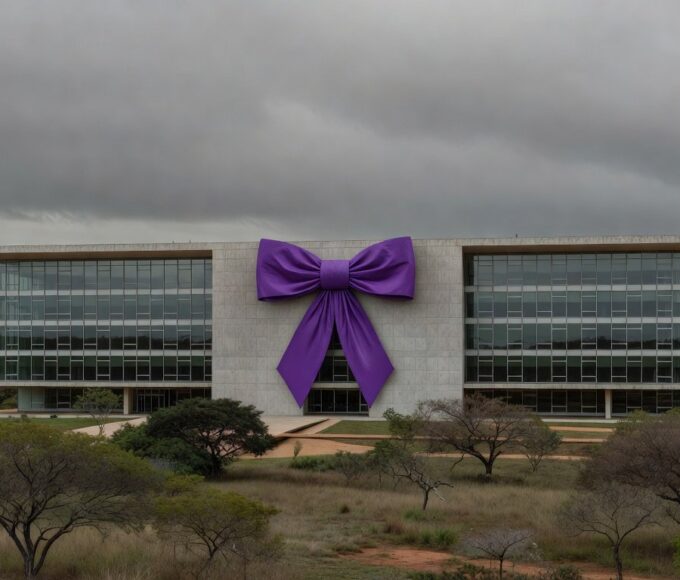 Edifício da CLDF em Brasília com laço roxo simbolizando combate à violência de gênero.