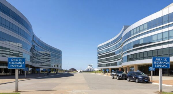 Hotéis em Brasília com sinalizações de área de segurança especial e viaturas policiais ao fundo.
