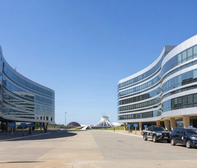 Hotéis em Brasília com sinalizações de área de segurança especial e viaturas policiais ao fundo.