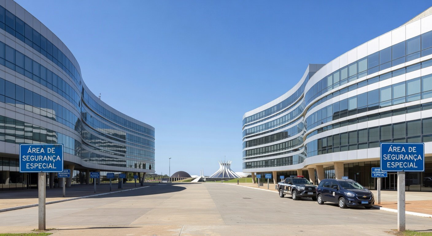 Hotéis em Brasília com sinalizações de área de segurança especial e viaturas policiais ao fundo.