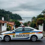 Viatura da Polícia Militar em rua de São Sebastião, representando detenção por ameaça de violência doméstica.