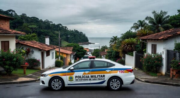 Viatura da Polícia Militar em rua de São Sebastião, representando detenção por ameaça de violência doméstica.