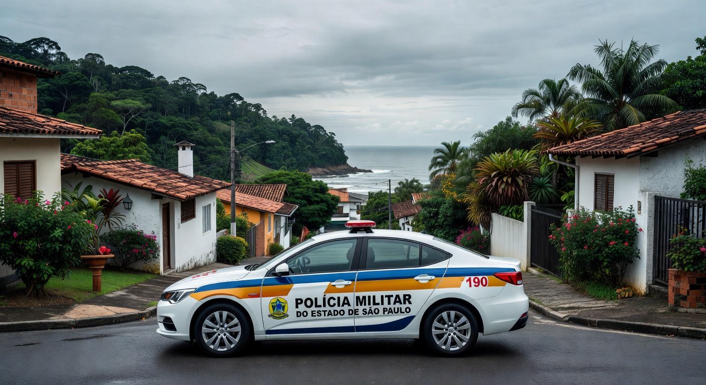 Viatura da Polícia Militar em rua de São Sebastião, representando detenção por ameaça de violência doméstica.