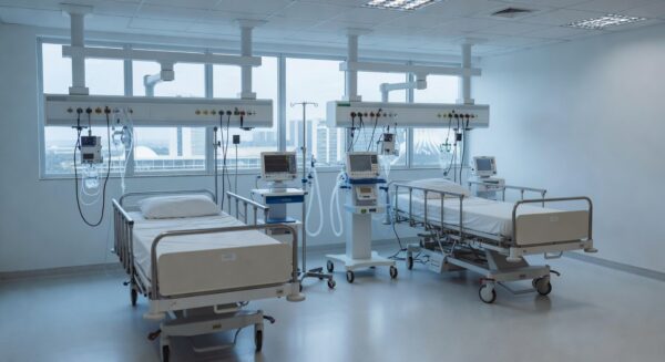 Unidade de terapia intensiva vazia em hospital de Brasília, com equipamentos médicos para monitoramento renal e inflamação.