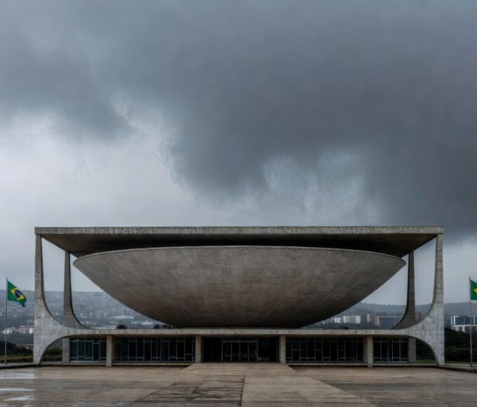 Edifício da Câmara Legislativa do DF sob céu nublado, representando críticas por promessas vazias a mulheres e idosos.