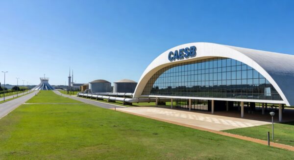 Prédio da Caesb em Brasília com infraestrutura de saneamento, representando inscrições para estágios no DF.