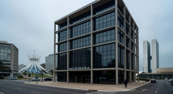 Edifício do BRB em Brasília sob céu nublado, representando escrutínio da CCJ da CLDF sobre irregularidades no banco.