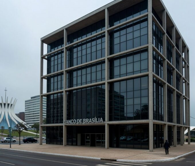 Edifício do BRB em Brasília sob céu nublado, representando escrutínio da CCJ da CLDF sobre irregularidades no banco.