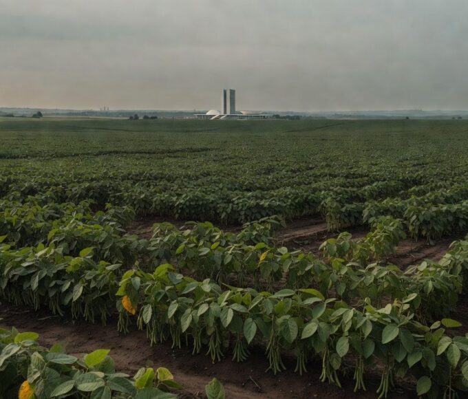 Plantação de soja no DF com horizonte de Brasília, representando prorrogação de incentivos fiscais ao agro e desequilíbrio orçamentário.