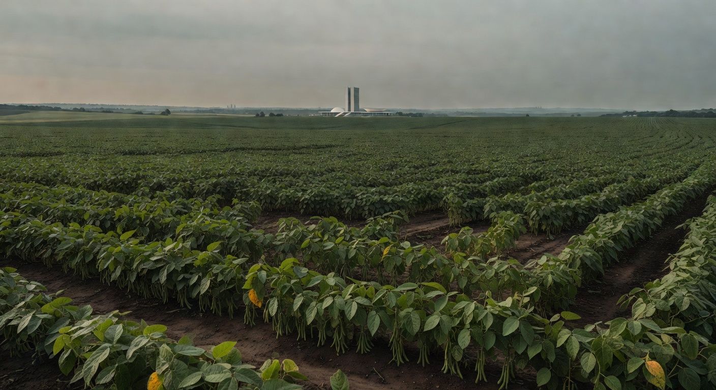 Plantação de soja no DF com horizonte de Brasília, representando prorrogação de incentivos fiscais ao agro e desequilíbrio orçamentário.