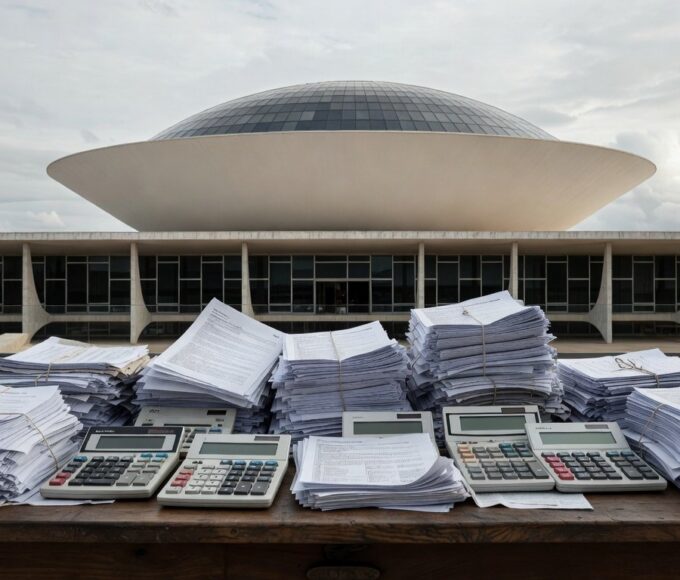 Imagem da Câmara Legislativa do DF com documentos fiscais simbolizando crítica à carga tributária excessiva.