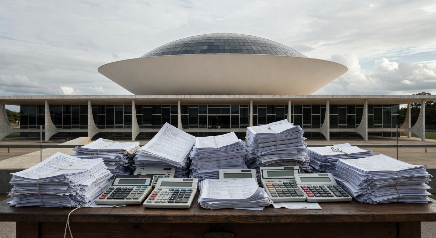 Imagem da Câmara Legislativa do DF com documentos fiscais simbolizando crítica à carga tributária excessiva.