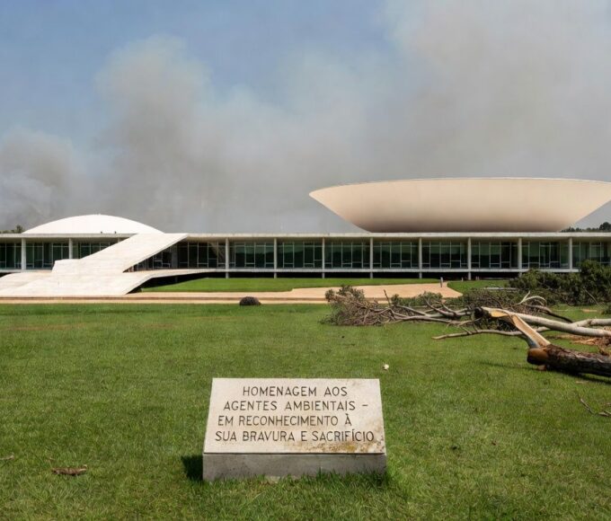 Edifício da CLDF em Brasília com Cerrado degradado ao fundo, simbolizando críticas à fiscalização ambiental ineficaz.
