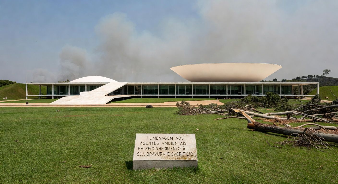Edifício da CLDF em Brasília com Cerrado degradado ao fundo, simbolizando críticas à fiscalização ambiental ineficaz.