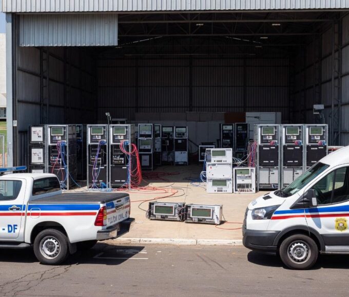 Viaturas policiais e equipamentos de mineração clandestina de criptomoedas desmantelados pela Polícia e Neoenergia no DF.