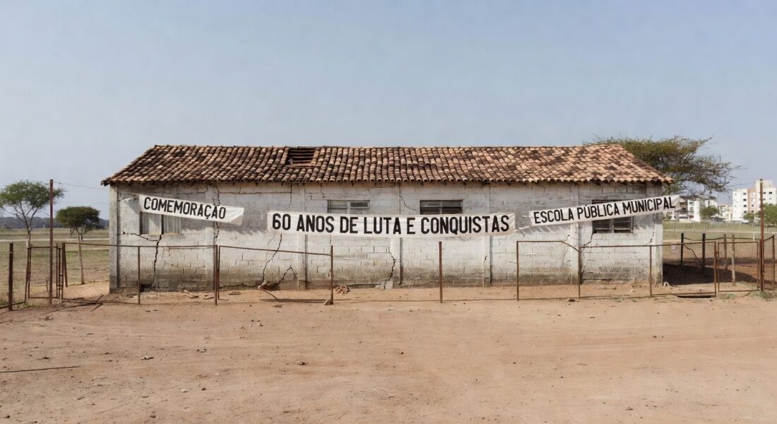 Escola pública em Sobradinho com fachada deteriorada e banners de 60 anos, destacando deficiências educacionais.