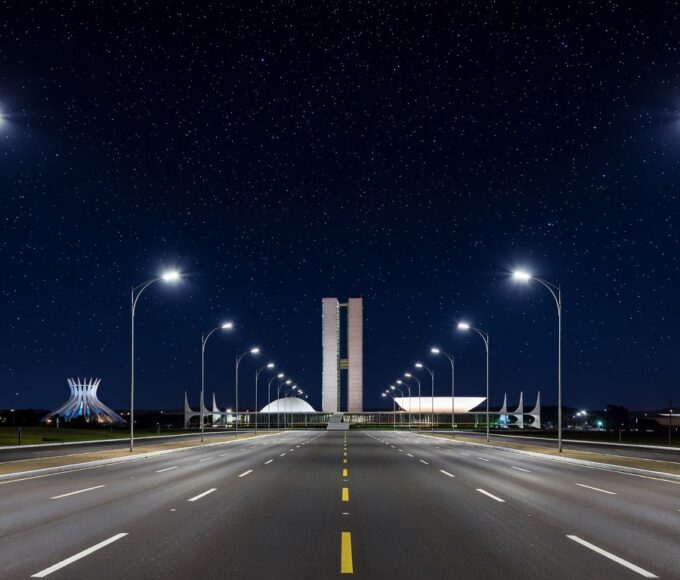 Avenida em Brasília iluminada por lâmpadas LED modernas na iluminação pública do Distrito Federal.