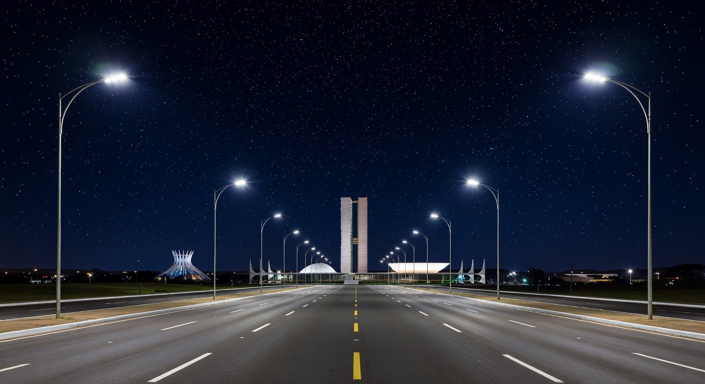 Avenida em Brasília iluminada por lâmpadas LED modernas na iluminação pública do Distrito Federal.