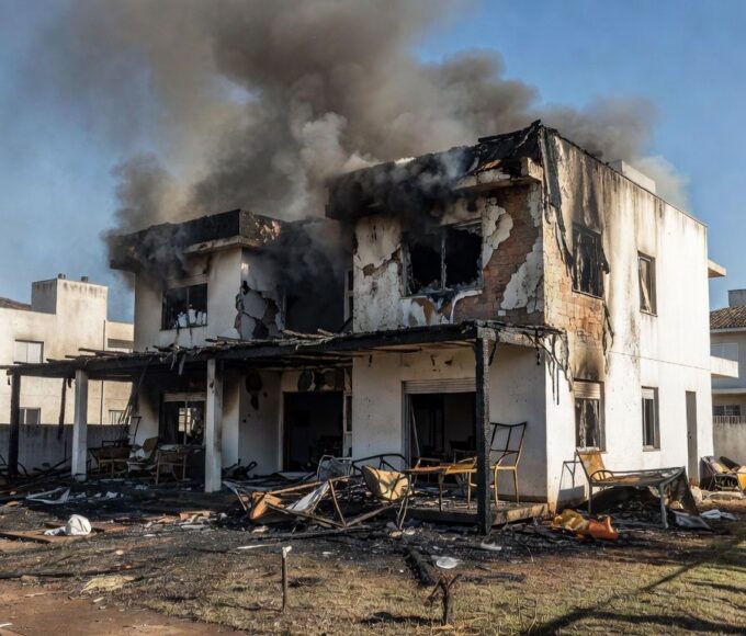 Casa residencial em Brasília danificada por incêndio, representando crime de assassinato no DF.