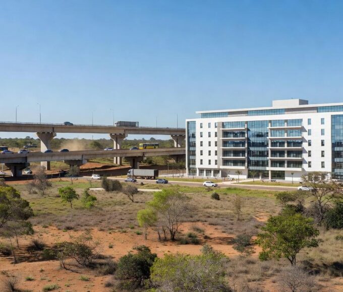 Hospital moderno e viadutos em São Sebastião, DF, representando investimentos em infraestrutura.