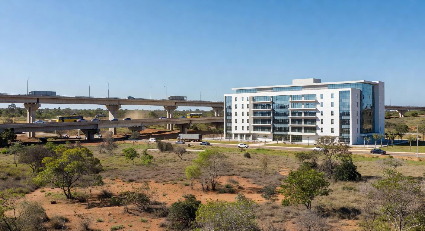 Hospital moderno e viadutos em São Sebastião, DF, representando investimentos em infraestrutura.