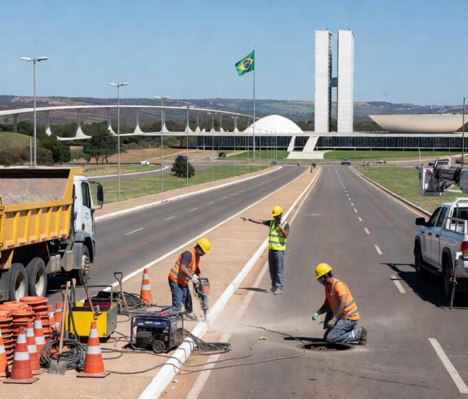 Equipe de zeladoria urbana em avenida de Brasília, com equipamentos de manutenção, representando ações do GDF e Novacap no Distrito Federal.
