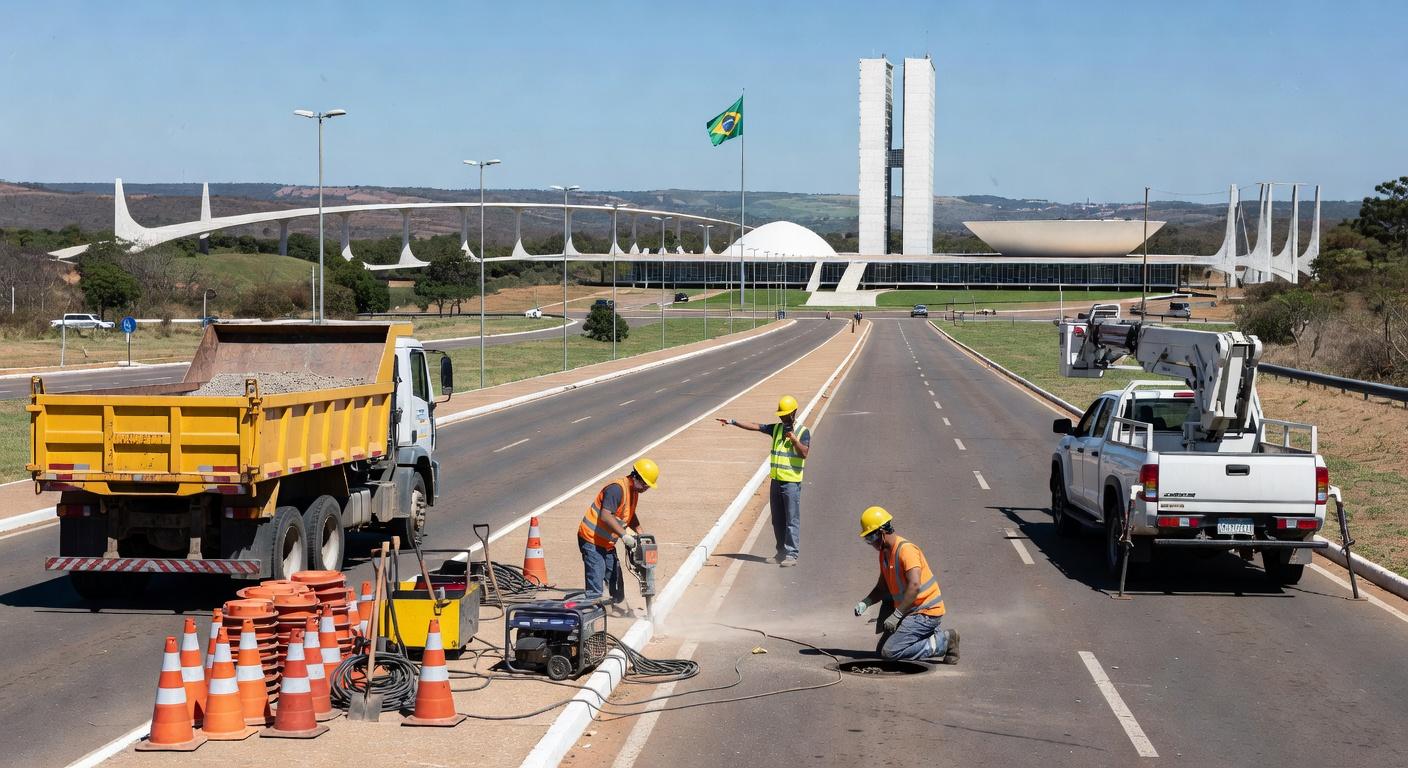 Equipe de zeladoria urbana em avenida de Brasília, com equipamentos de manutenção, representando ações do GDF e Novacap no Distrito Federal.