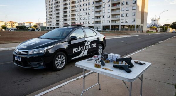 Viatura da PMDF em rua de Brasília com armas apreendidas, representando prisão por violência doméstica e posse irregular de armas.