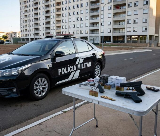 Viatura da PMDF em rua de Brasília com armas apreendidas, representando prisão por violência doméstica e posse irregular de armas.