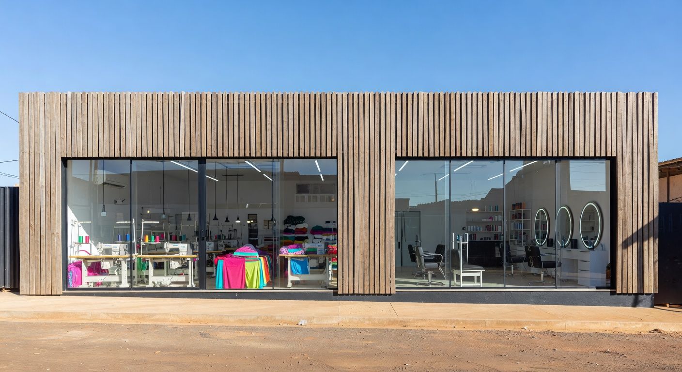 Fábrica Social no Sol Nascente, Brasília, com equipamentos de costura e beleza para cursos profissionais.