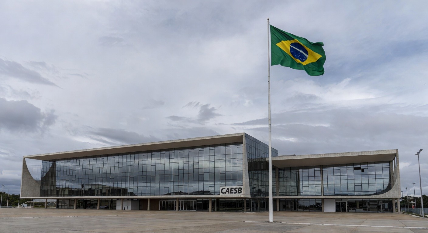 Fachada do prédio da Caesb em Brasília com bandeira a meio mastro, simbolizando luto pela morte do advogado Marcelo Reis.