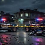 Cena de crime em rua de Taguatinga com viaturas da polícia e fita de isolamento, representando tiroteio fatal.