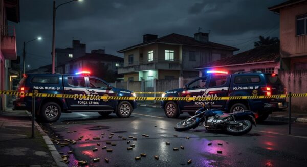 Cena de crime em rua de Taguatinga com viaturas da polícia e fita de isolamento, representando tiroteio fatal.