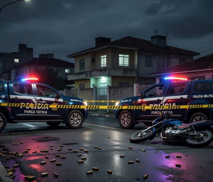 Cena de crime em rua de Taguatinga com viaturas da polícia e fita de isolamento, representando tiroteio fatal.