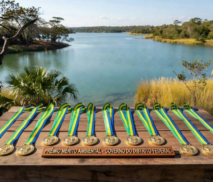 Medalhas de mérito sobre mesa com reservatório de água ao fundo em Brasília, celebrando o Dia Mundial da Água pela Caesb.