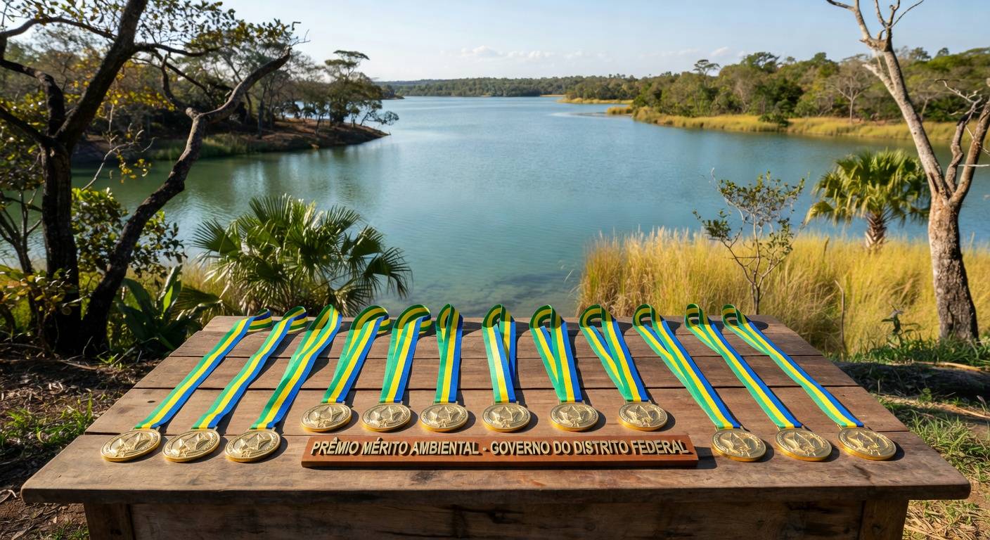 Medalhas de mérito sobre mesa com reservatório de água ao fundo em Brasília, celebrando o Dia Mundial da Água pela Caesb.