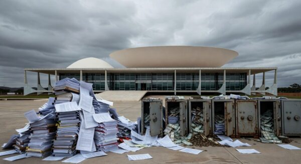 Edifício da CLDF em Brasília com pilhas de documentos e cofres sobrecarregados, representando ameaça aos cofres públicos do DF.