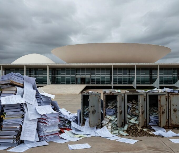 Edifício da CLDF em Brasília com pilhas de documentos e cofres sobrecarregados, representando ameaça aos cofres públicos do DF.