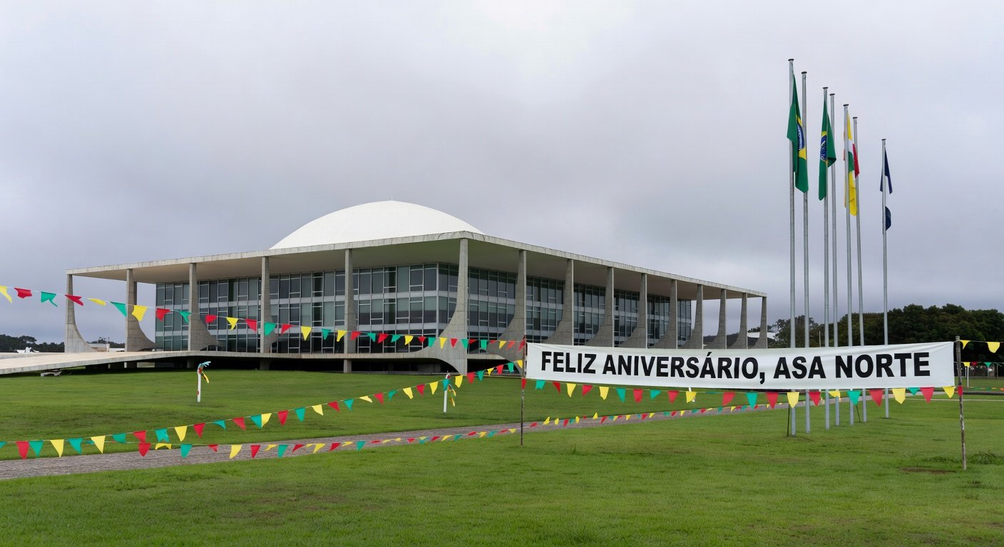 Edifício da CLDF em Brasília com decorações de solenidade para 65 anos de Park Way, sob críticas por desvio de prioridades.