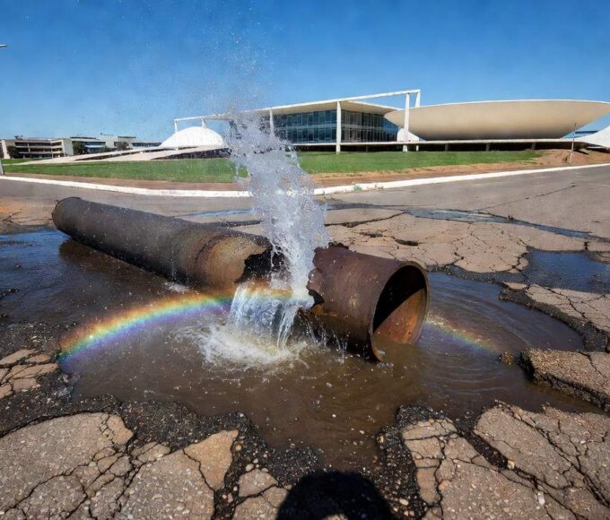 Reservatório de água com nível baixo em Brasília, ilustrando insegurança hídrica e falhas da Caesb no DF.