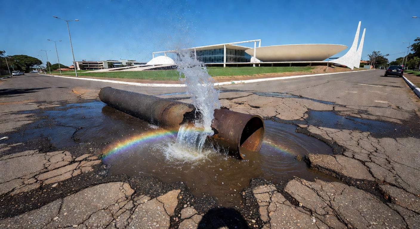 Reservatório de água com nível baixo em Brasília, ilustrando insegurança hídrica e falhas da Caesb no DF.