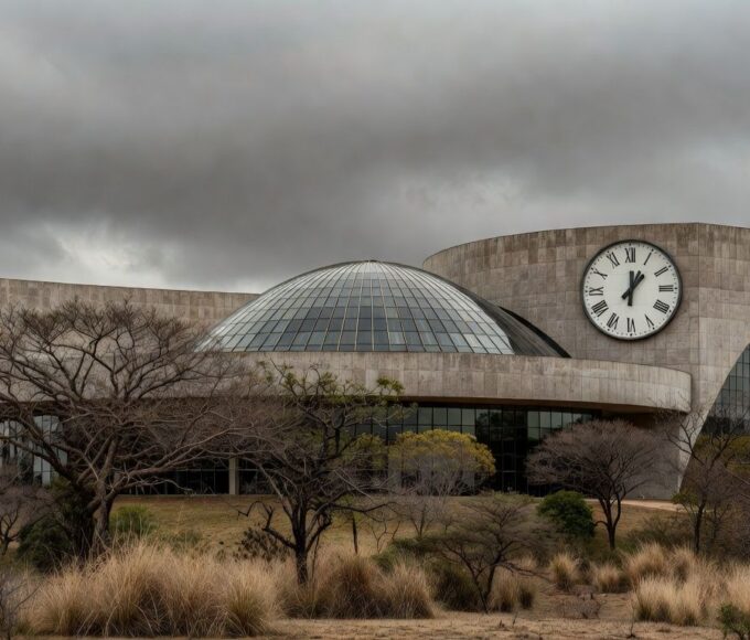 Edifício da Câmara Legislativa do DF com elementos simbólicos de discriminação etária e reinserção de idosos.