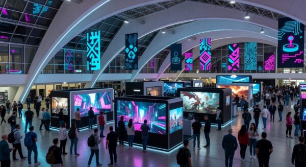 Pavilhão lotado do TecnoGame 2026 em Brasília, com estandes de tecnologia e games, atraindo milhares de visitantes com apoio governamental.